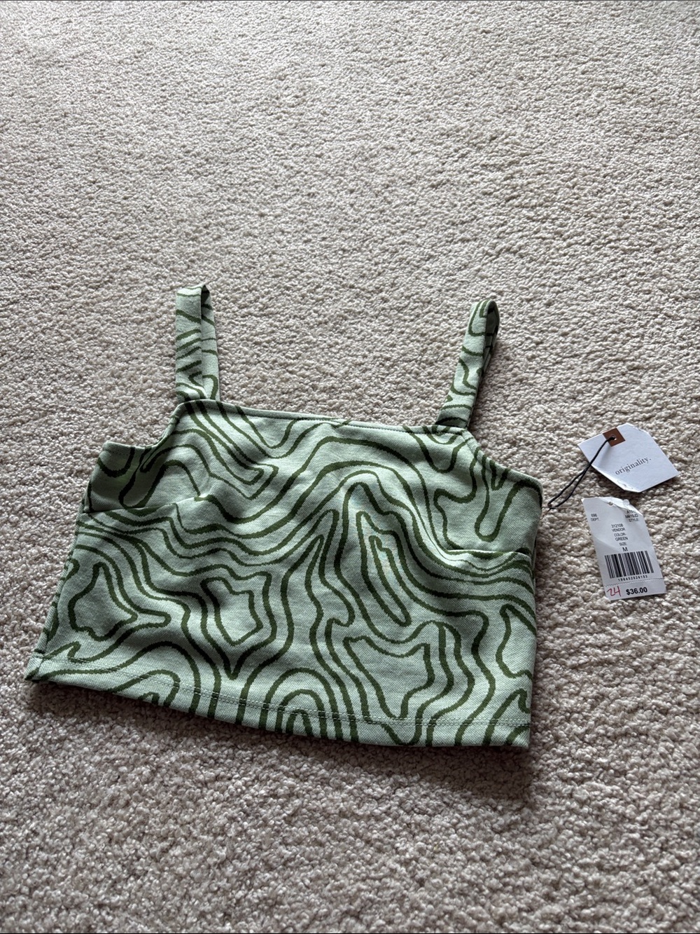 Square-Neck Green Patterned Crop Tank with Thin Straps